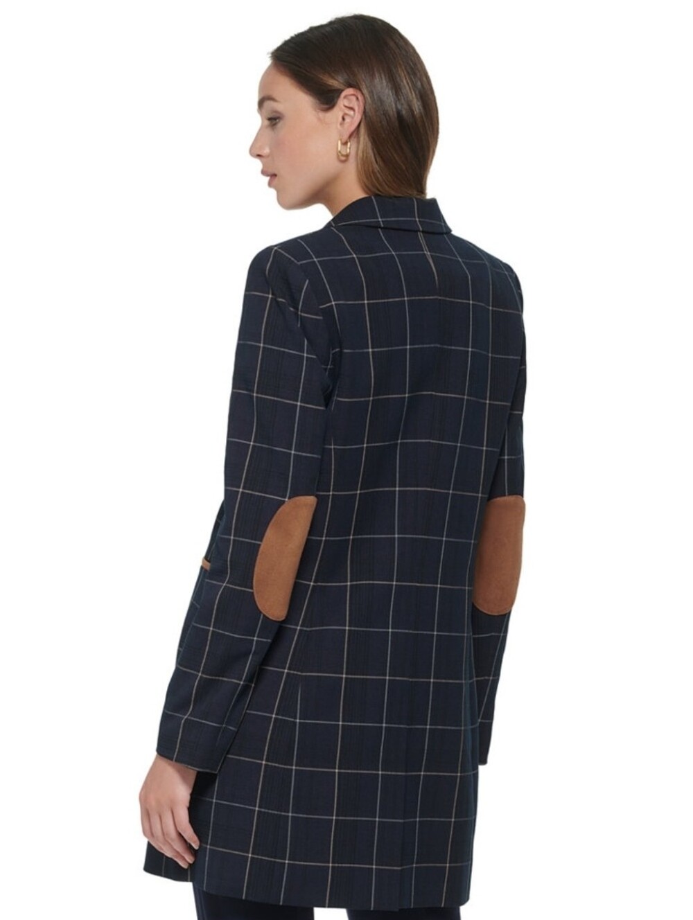 Tommy Hilfiger Windowpane Long Blazer with Suede Elbow Patches - Navy